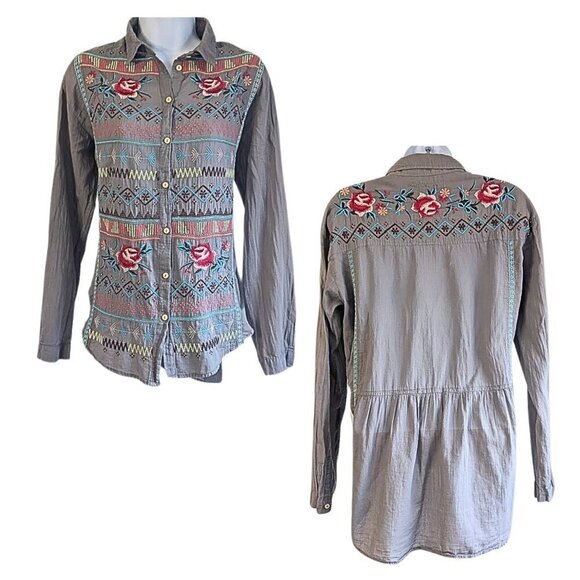 Johnny Was Tops - JOHNNY WAS 3J Workshop Prairie Rose Embroidered Button Down Bandit Blouse Sz XS
